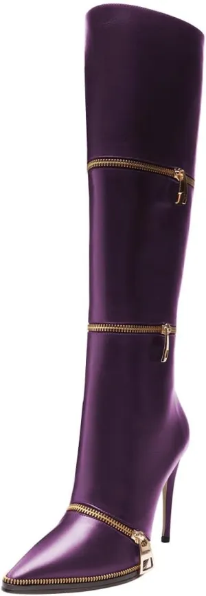 FSJ Women Stylish Polished Zippers Knee High Boots Pointed Toe Side Zip Stiletto High Heel Long Boots Shopping Party Dress Shoes Size 4-16 US