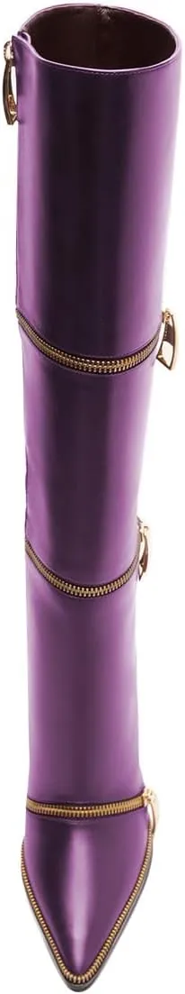 FSJ Women Stylish Polished Zippers Knee High Boots Pointed Toe Side Zip Stiletto High Heel Long Boots Shopping Party Dress Shoes Size 4-16 US