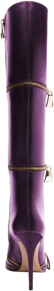 FSJ Women Stylish Polished Zippers Knee High Boots Pointed Toe Side Zip Stiletto High Heel Long Boots Shopping Party Dress Shoes Size 4-16 US