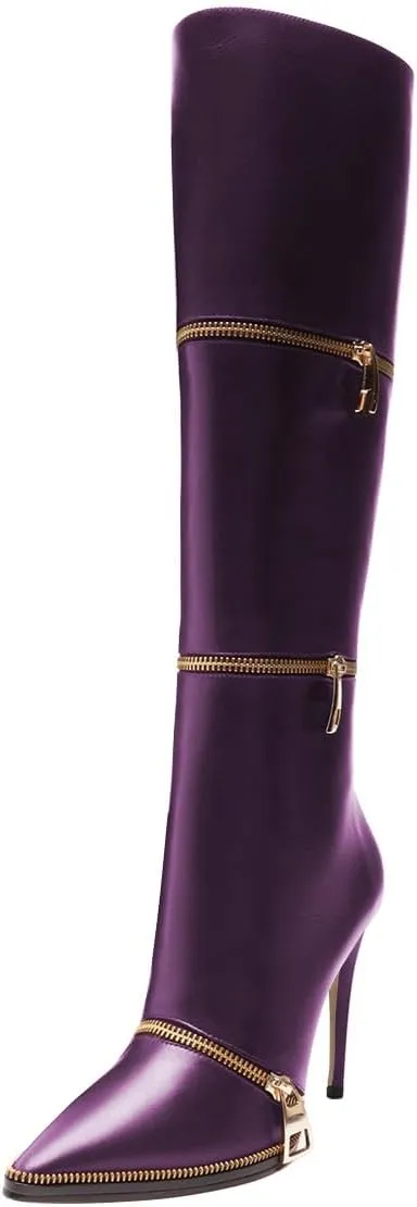 FSJ Women Stylish Polished Zippers Knee High Boots Pointed Toe Side Zip Stiletto High Heel Long Boots Shopping Party Dress Shoes Size 4-16 US