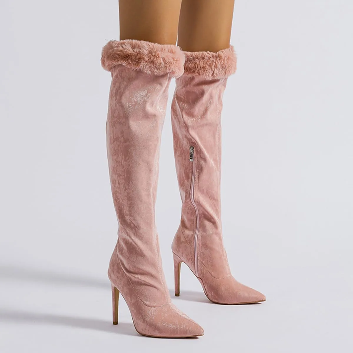 getmorebeauty Women's Knee High Boots Stiletto Heel Suede Upper Furry Sleeve Side Zipper Wide Calf Thigh High Boots for Winter