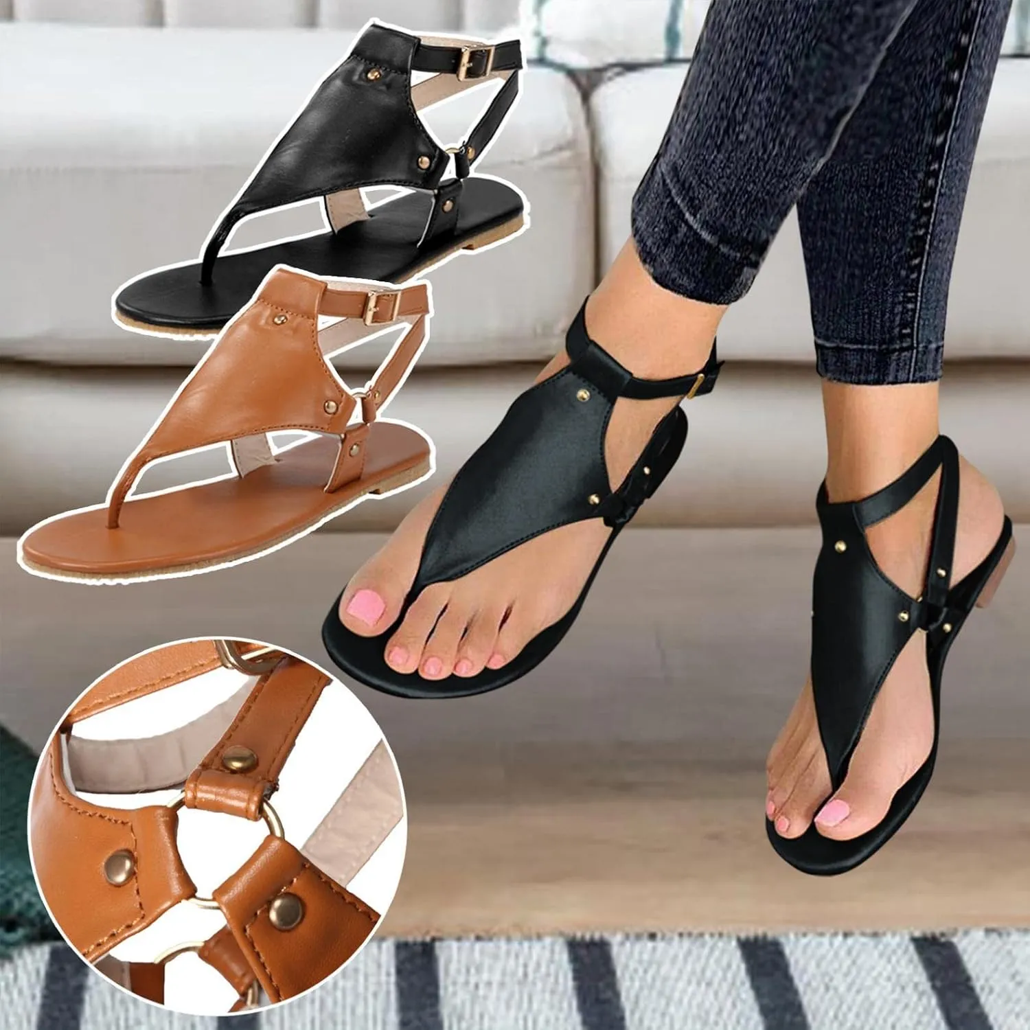 Gibobby Sandals for Women Casual Summer Buckle Ankle Strap Fashion Flat Sandals Thong Open Toe Flip Flop Women Sandals