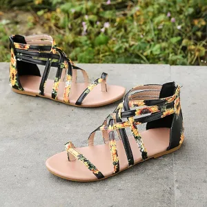 Gladiator Sandals for Women Cross Strappy Flat Sandals T-Strap Fisherman Open Toe Ankle Strap Beach Roman Shoes Zipper