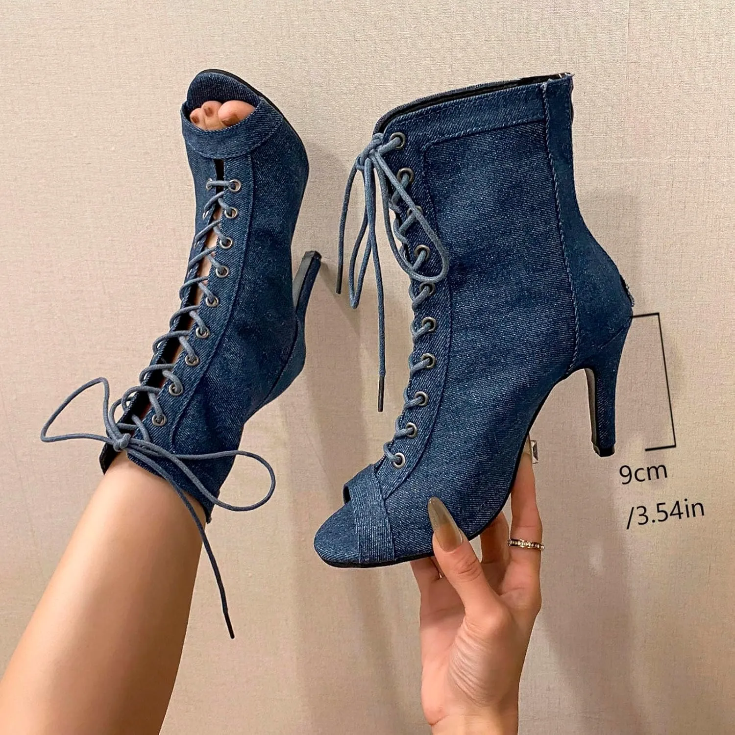 High Heels for Women Sommer Heeded Sandals Peep Toe Denim Boots Strappy Stiletto Heels for Evening Wedding Party