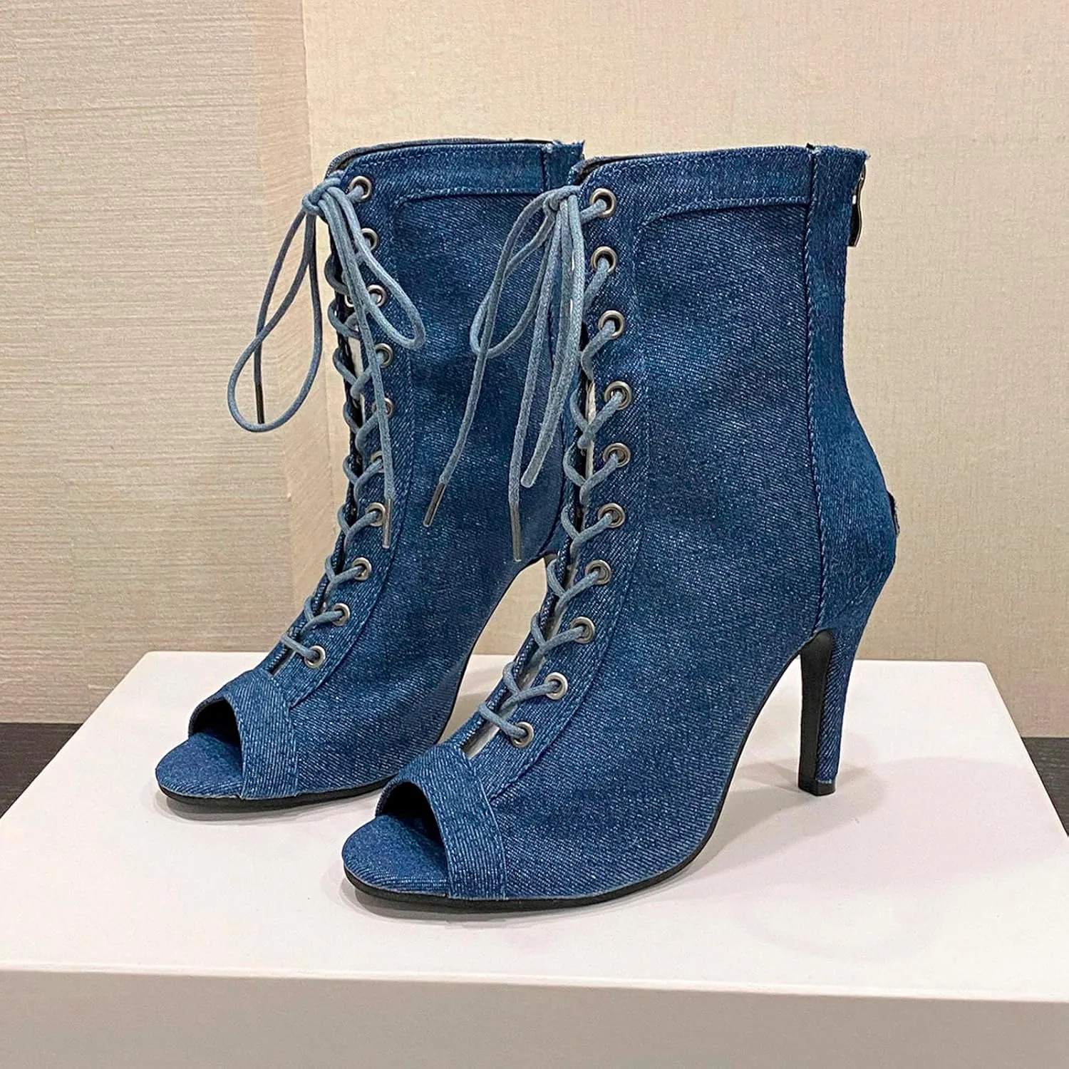 High Heels for Women Sommer Heeded Sandals Peep Toe Denim Boots Strappy Stiletto Heels for Evening Wedding Party
