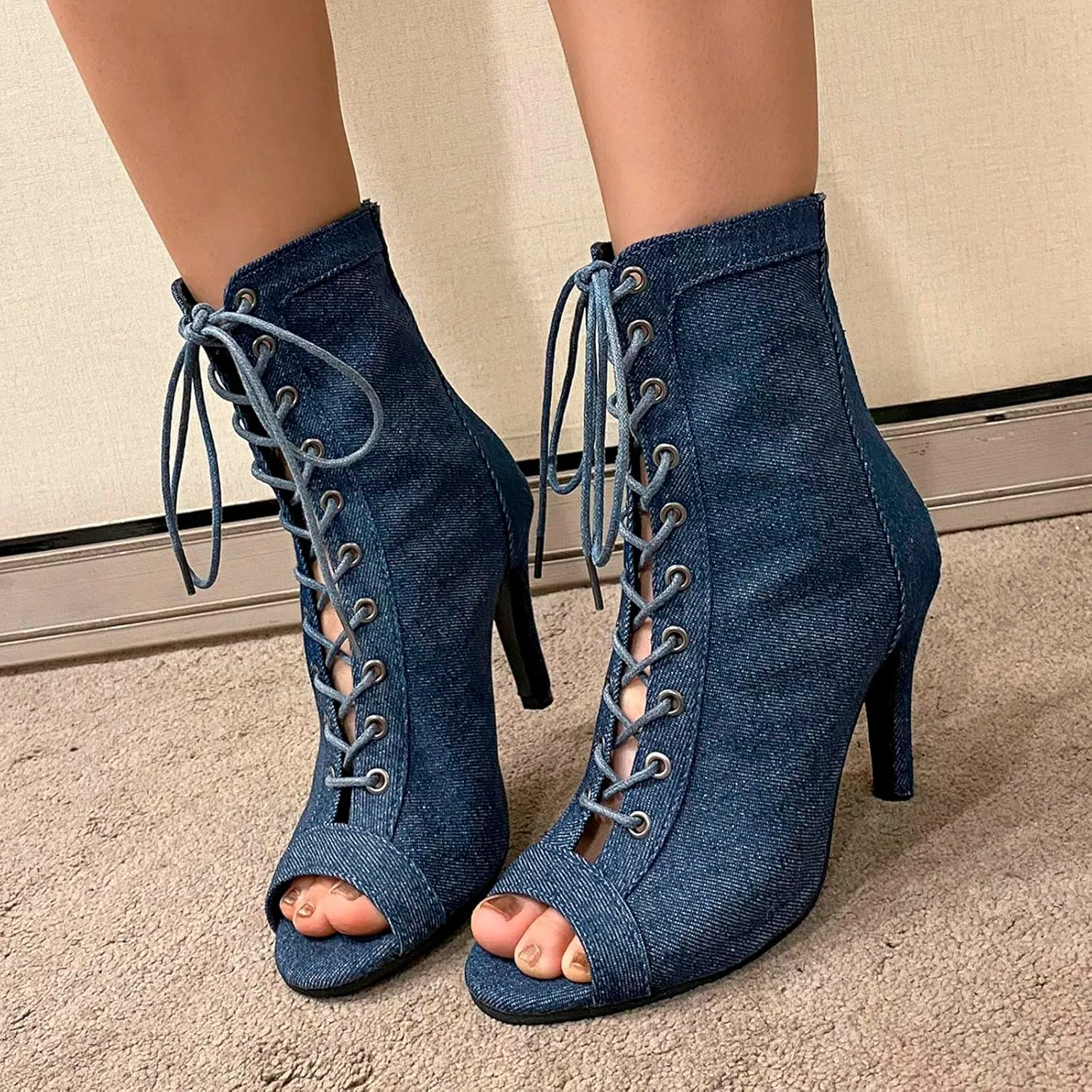 High Heels for Women Sommer Heeded Sandals Peep Toe Denim Boots Strappy Stiletto Heels for Evening Wedding Party