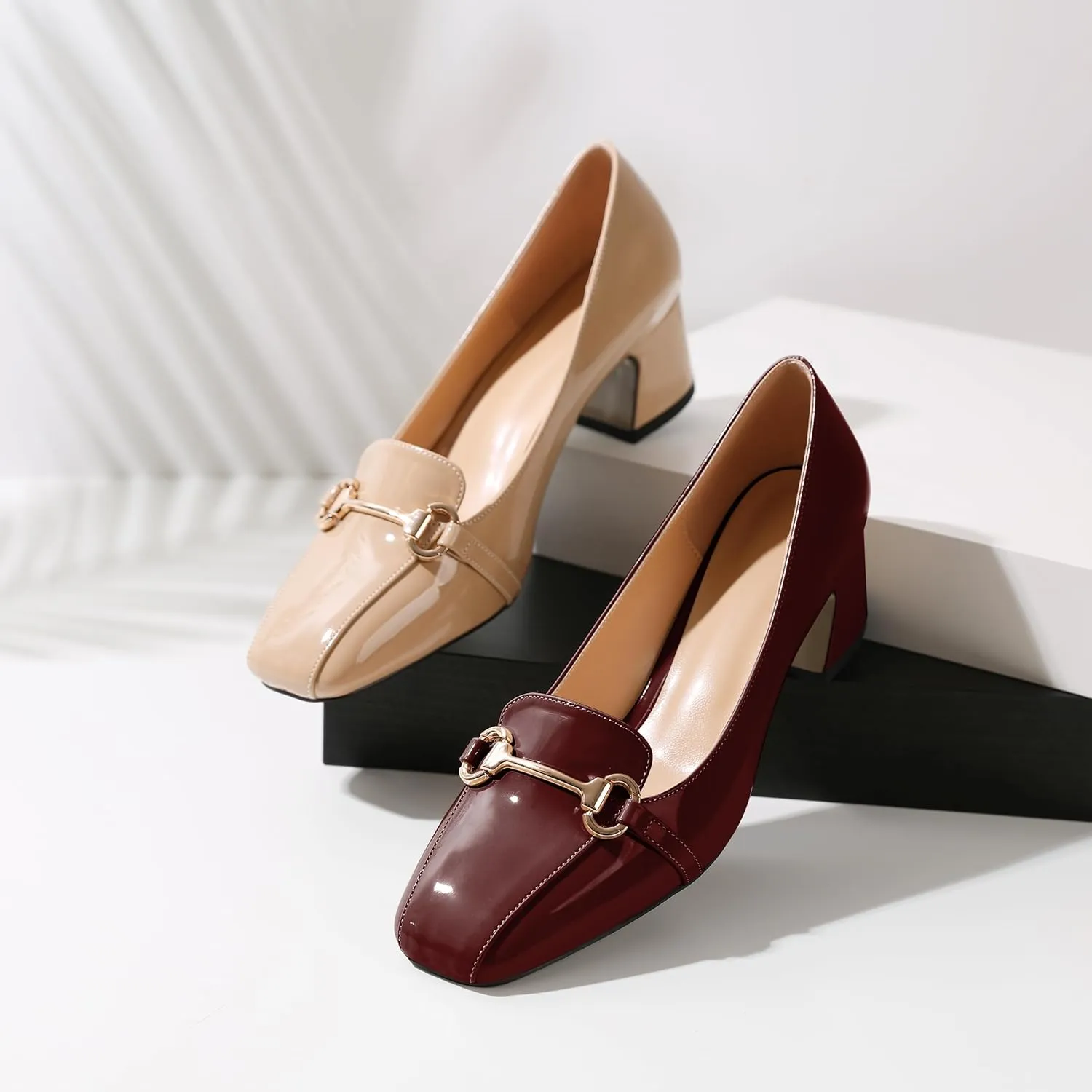 Joseywade Women's Chunky Heels Square Toe Low Block Heel Pump Metal Buckle Comfort 2 Inch Wedding Party Working Daily Dress Shoes