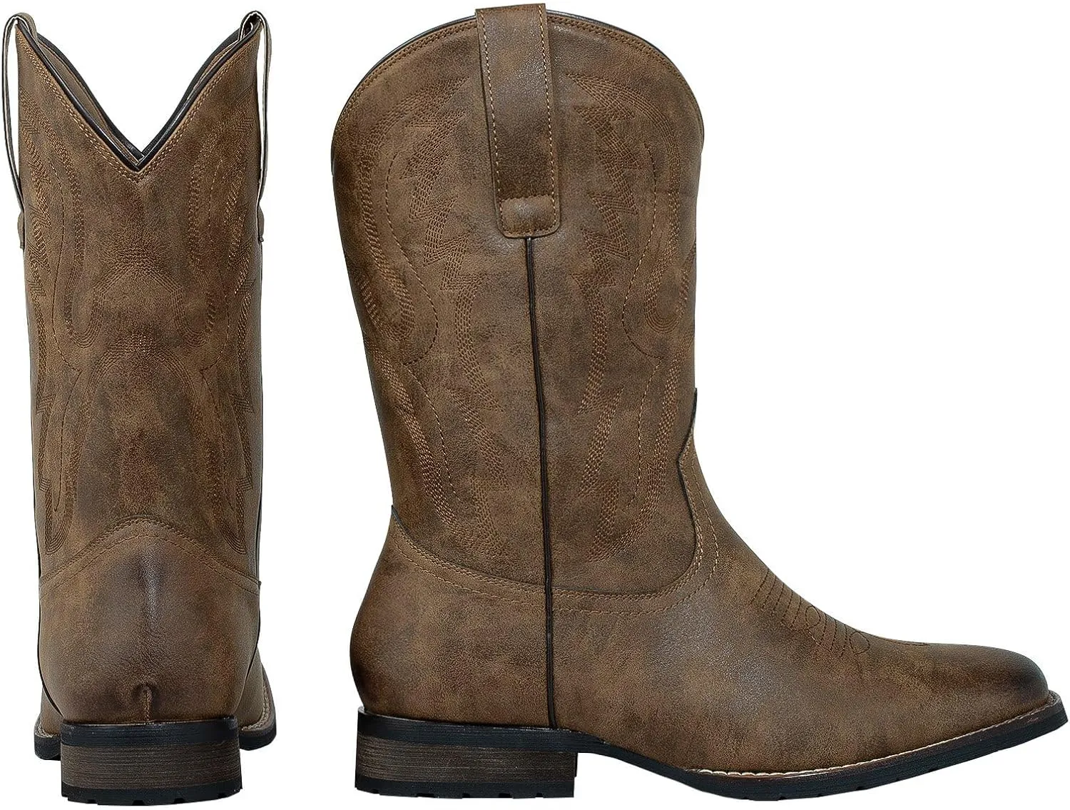 J's.o.l.e Cowboy Boots for Men Square Toe Work Boots Pull on Silp Resistant Wide Calf Leather Men's Western Boot Brown