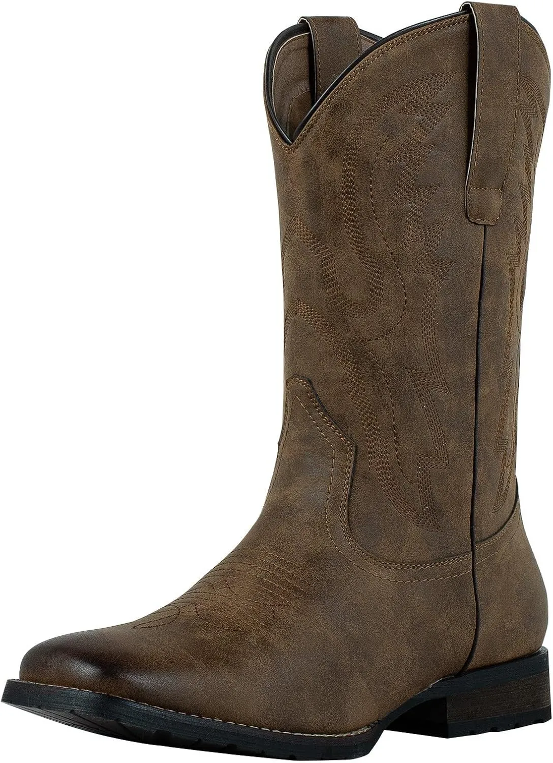 J's.o.l.e Cowboy Boots for Men Square Toe Work Boots Pull on Silp Resistant Wide Calf Leather Men's Western Boot Brown