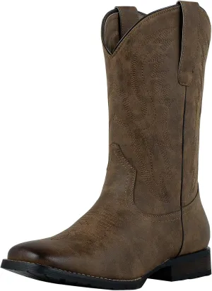 J's.o.l.e Cowboy Boots for Men Square Toe Work Boots Pull on Silp Resistant Wide Calf Leather Men's Western Boot Brown