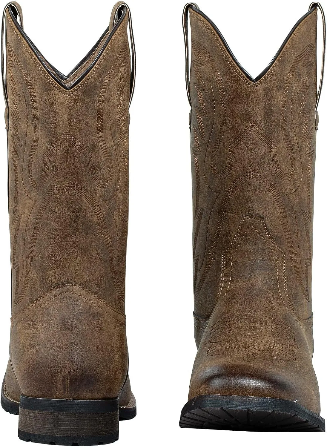 J's.o.l.e Cowboy Boots for Men Square Toe Work Boots Pull on Silp Resistant Wide Calf Leather Men's Western Boot Brown