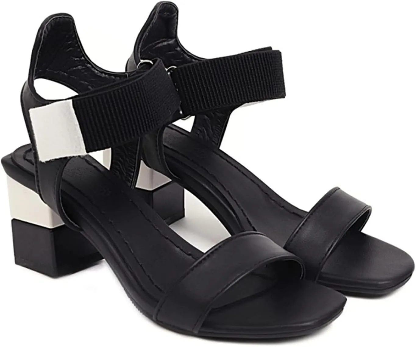 Ladies Fashion Blocking Leather Open Toe Hook Loop Thick High Heeled Sandals Square Toe Shoes Sandals Women Beach