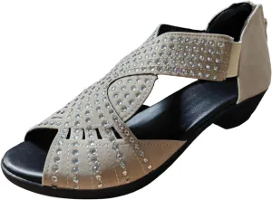 Ladies Fashion Retro Suede Rhinestone Decoration Open Toe Back Zipper Thick High Heel Sandals Flat Slides Women