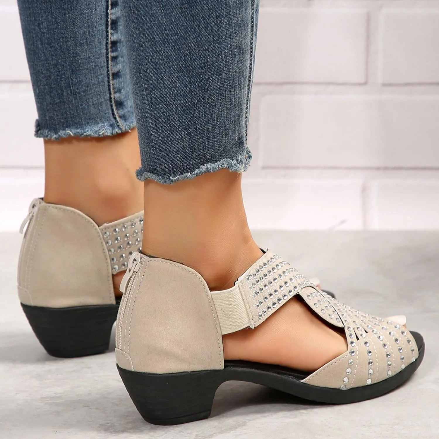 Ladies Fashion Retro Suede Rhinestone Decoration Open Toe Back Zipper Thick High Heel Sandals Flat Slides Women