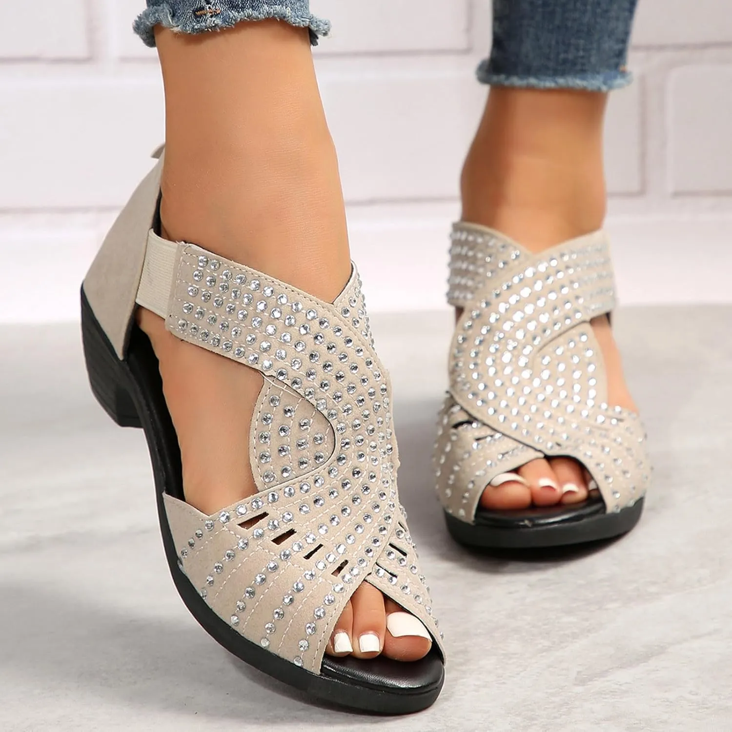 Ladies Fashion Retro Suede Rhinestone Decoration Open Toe Back Zipper Thick High Heel Sandals Flat Slides Women