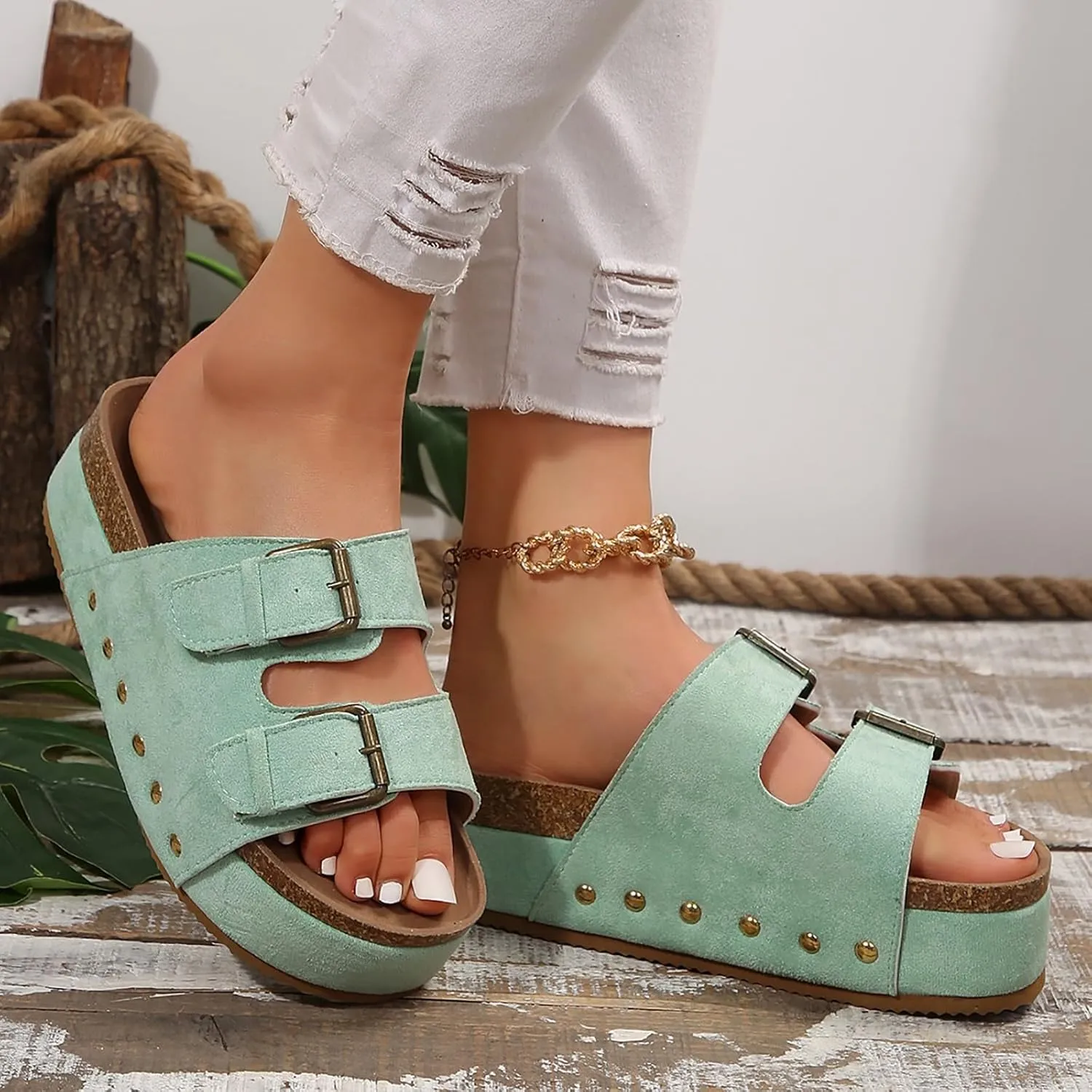 Leather Platform Sandals Women Casual Wedge Chunky Sandals Memory Foam Sandals Comfy Summer Walking Shoes2