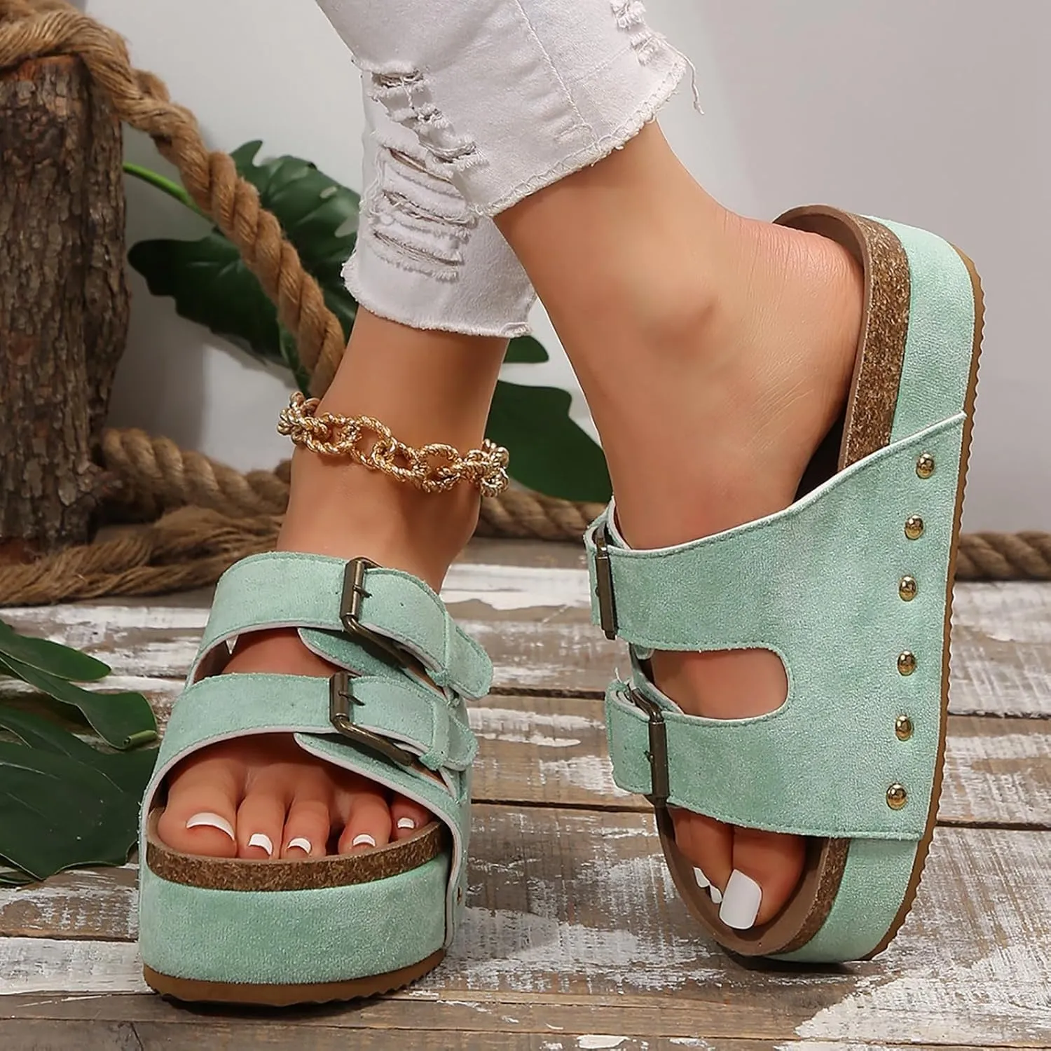Leather Platform Sandals Women Casual Wedge Chunky Sandals Memory Foam Sandals Comfy Summer Walking Shoes2