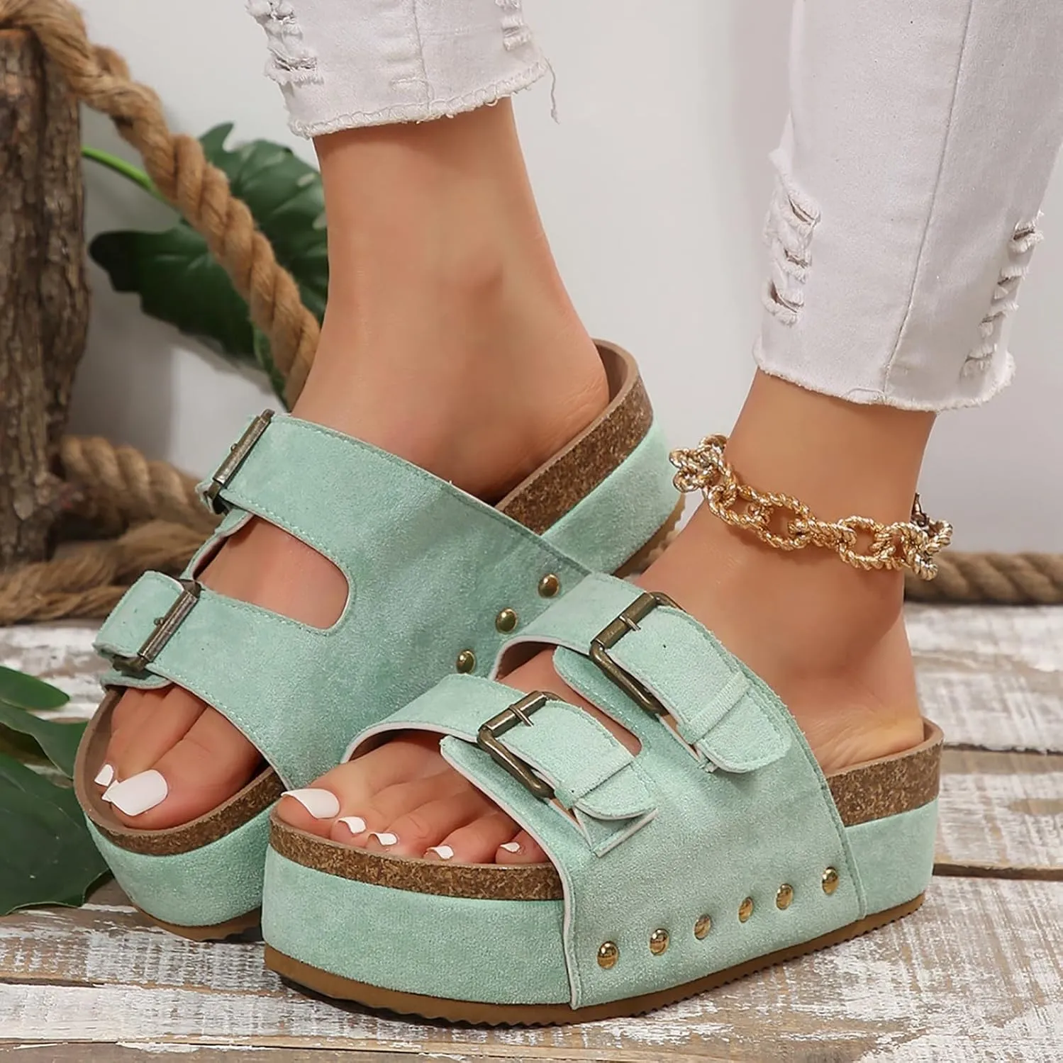 Leather Platform Sandals Women Casual Wedge Chunky Sandals Memory Foam Sandals Comfy Summer Walking Shoes2