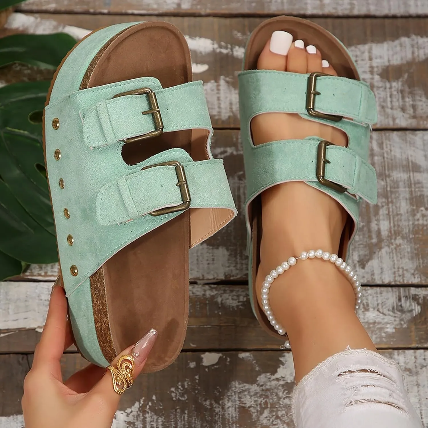 Leather Platform Sandals Women Casual Wedge Chunky Sandals Memory Foam Sandals Comfy Summer Walking Shoes2