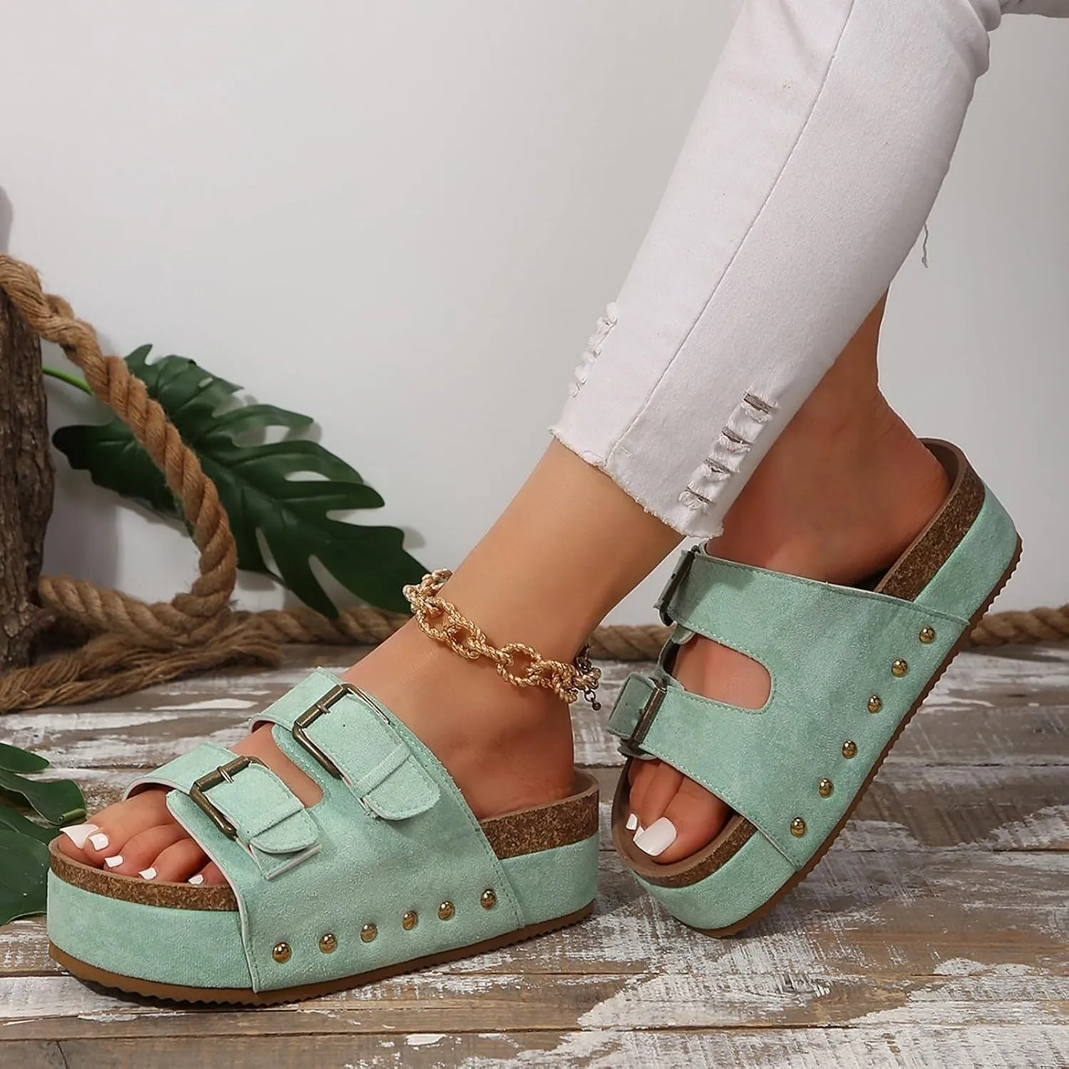 Leather Platform Sandals Women Casual Wedge Chunky Sandals Memory Foam Sandals Comfy Summer Walking Shoes2