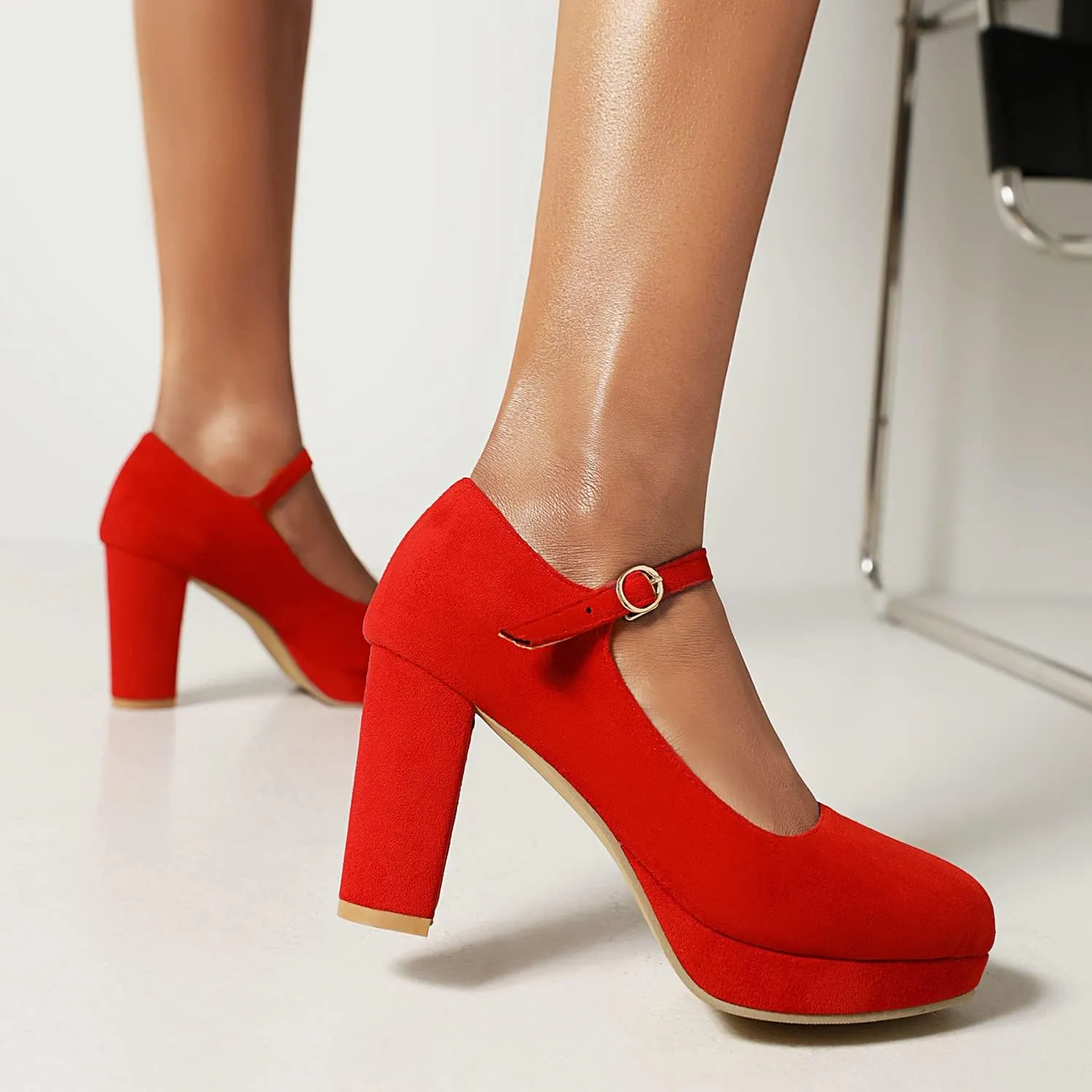 LEHOOR Women Chunky High Heel Mary Jane Shoes Platform Ankle Buckle Strap 3" Heel Round Toe Suede Pumps Wedding Bridal Dress Shoes Block Heel Closed Toe Sandals Ladies Girls Office Cute Fall 4-12 M US