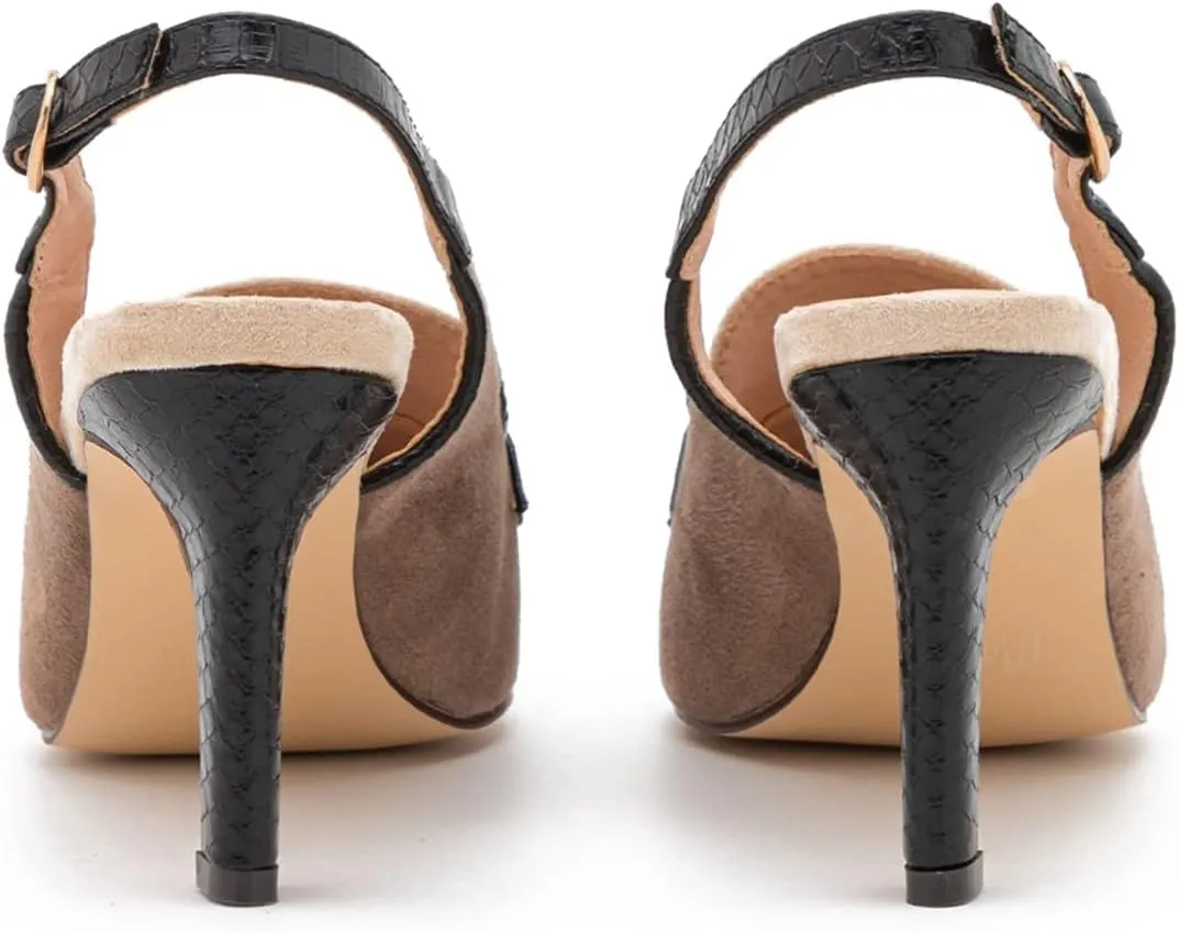 LEHOOR Women Kitten Heels Slingback Pumps Pointed Toe Suede Tassel Loafers 3” Stiletto High Heel Dress Shoes Ankle Strap Two-Tone Closed Pointy Toe Sandals Backless Buckle Patchwork Chic 4-11 M US