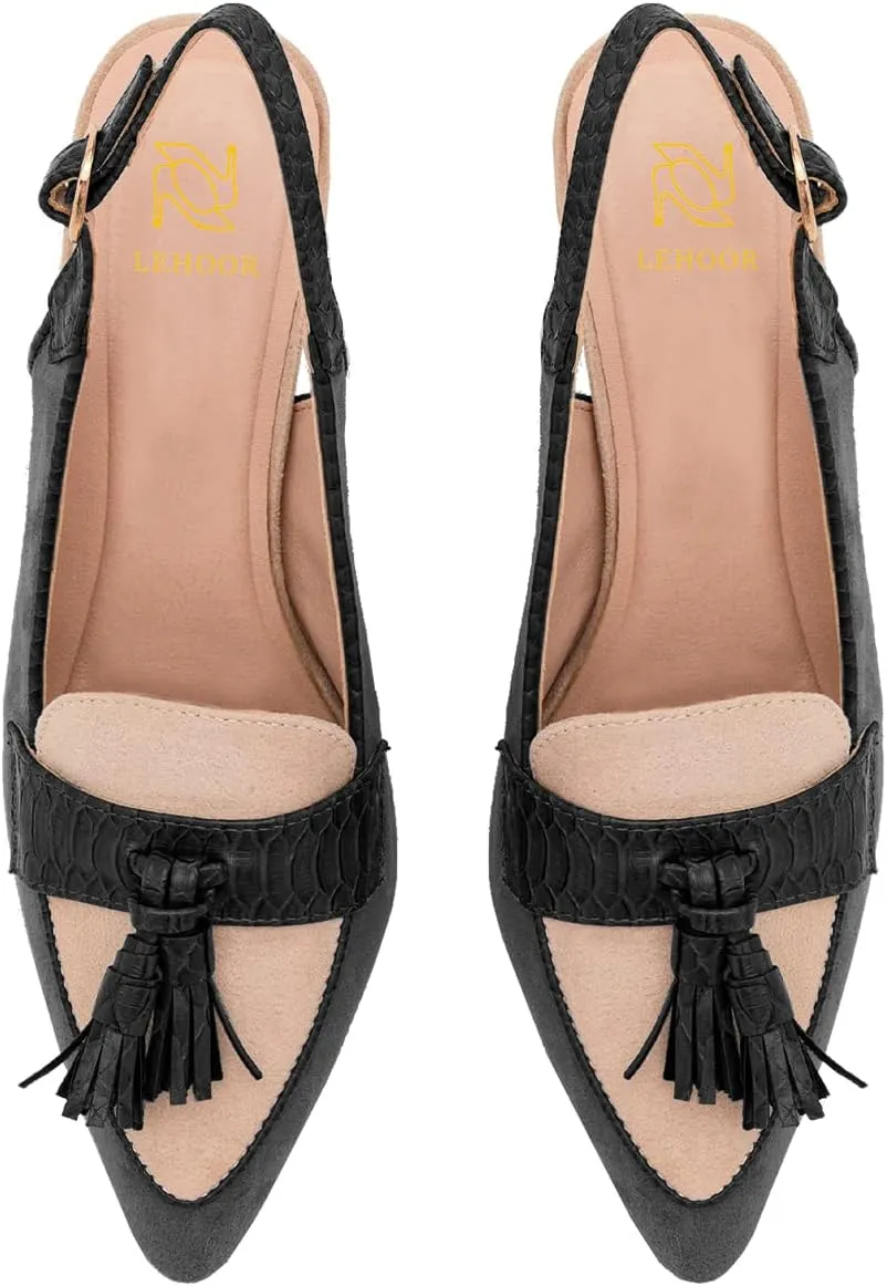 LEHOOR Women Kitten Heels Slingback Pumps Pointed Toe Suede Tassel Loafers 3” Stiletto High Heel Dress Shoes Ankle Strap Two-Tone Closed Pointy Toe Sandals Backless Buckle Patchwork Chic 4-11 M US