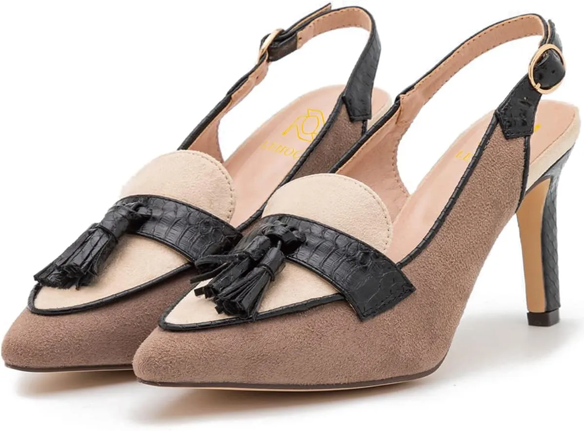 LEHOOR Women Kitten Heels Slingback Pumps Pointed Toe Suede Tassel Loafers 3” Stiletto High Heel Dress Shoes Ankle Strap Two-Tone Closed Pointy Toe Sandals Backless Buckle Patchwork Chic 4-11 M US