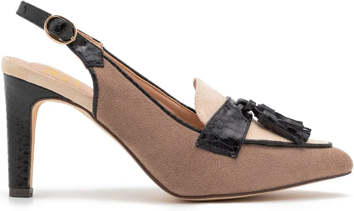 LEHOOR Women Kitten Heels Slingback Pumps Pointed Toe Suede Tassel Loafers 3” Stiletto High Heel Dress Shoes Ankle Strap Two-Tone Closed Pointy Toe Sandals Backless Buckle Patchwork Chic 4-11 M US