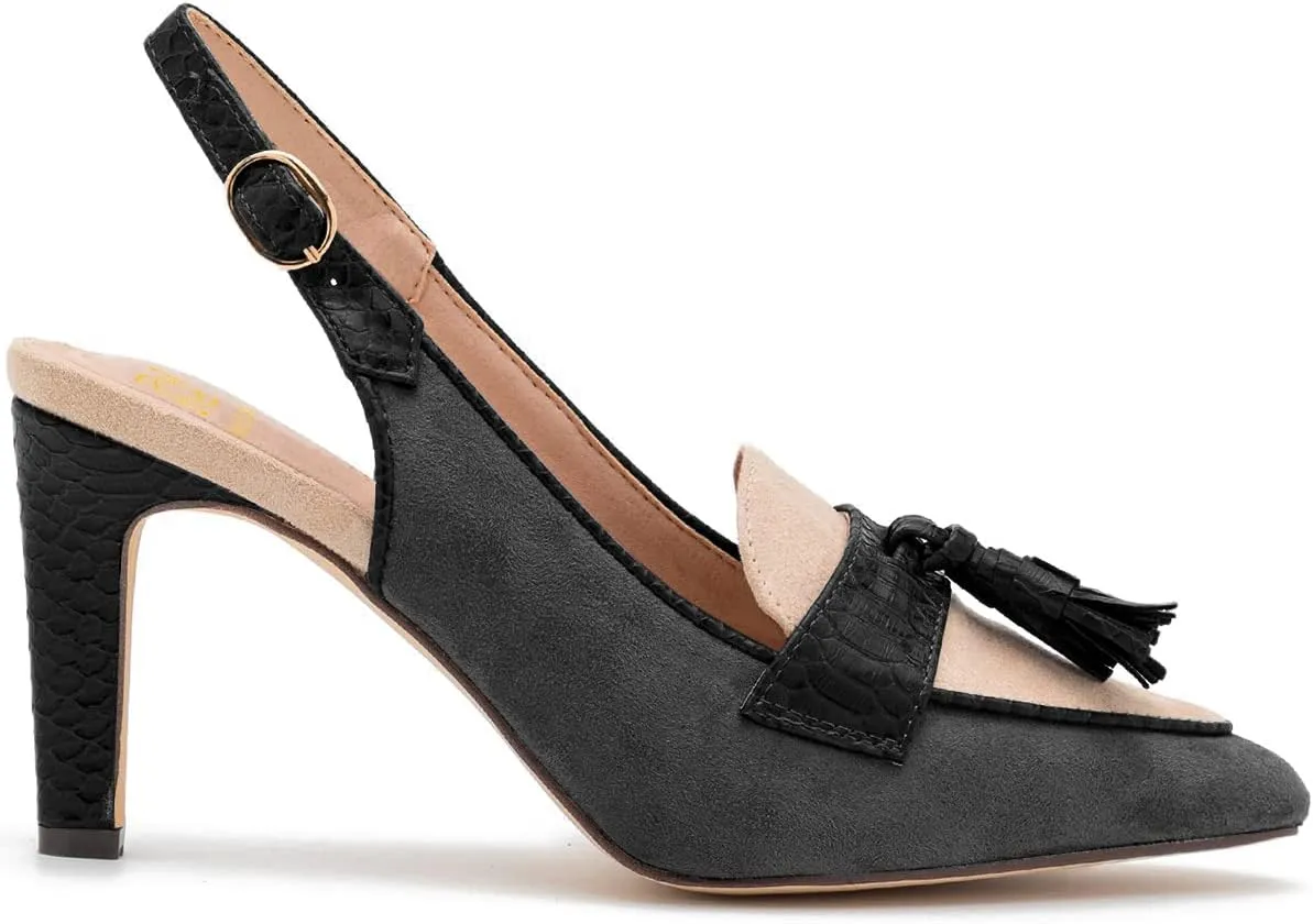 LEHOOR Women Kitten Heels Slingback Pumps Pointed Toe Suede Tassel Loafers 3” Stiletto High Heel Dress Shoes Ankle Strap Two-Tone Closed Pointy Toe Sandals Backless Buckle Patchwork Chic 4-11 M US