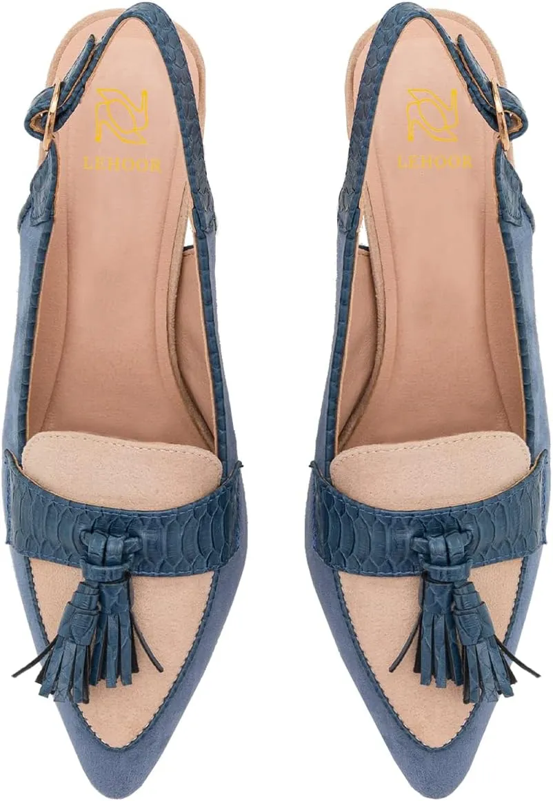 LEHOOR Women Kitten Heels Slingback Pumps Pointed Toe Suede Tassel Loafers 3” Stiletto High Heel Dress Shoes Ankle Strap Two-Tone Closed Pointy Toe Sandals Backless Buckle Patchwork Chic 4-11 M US