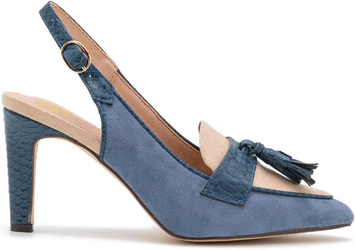 LEHOOR Women Kitten Heels Slingback Pumps Pointed Toe Suede Tassel Loafers 3” Stiletto High Heel Dress Shoes Ankle Strap Two-Tone Closed Pointy Toe Sandals Backless Buckle Patchwork Chic 4-11 M US
