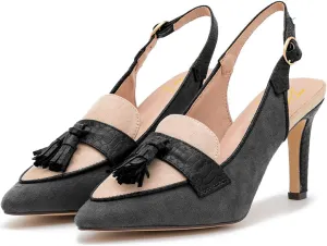 LEHOOR Women Kitten Heels Slingback Pumps Pointed Toe Suede Tassel Loafers 3” Stiletto High Heel Dress Shoes Ankle Strap Two-Tone Closed Pointy Toe Sandals Backless Buckle Patchwork Chic 4-11 M US