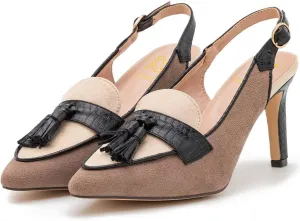 LEHOOR Women Kitten Heels Slingback Pumps Pointed Toe Suede Tassel Loafers 3” Stiletto High Heel Dress Shoes Ankle Strap Two-Tone Closed Pointy Toe Sandals Backless Buckle Patchwork Chic 4-11 M US
