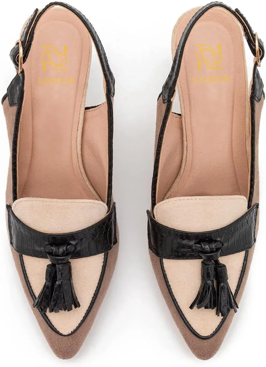 LEHOOR Women Kitten Heels Slingback Pumps Pointed Toe Suede Tassel Loafers 3” Stiletto High Heel Dress Shoes Ankle Strap Two-Tone Closed Pointy Toe Sandals Backless Buckle Patchwork Chic 4-11 M US