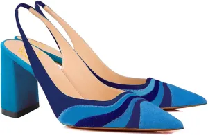 LEHOOR Women Rainbow Slingback Pumps Suede Chunky Block High Heel Dress Shoes Closed Pointed Toe Sandals Elastic Ankle Strap Office Work Shoe Multicolored Patchwork Wedding Party Prom Spring 4-13 M US