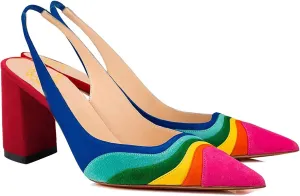 LEHOOR Women Rainbow Slingback Pumps Suede Chunky Block High Heel Dress Shoes Closed Pointed Toe Sandals Elastic Ankle Strap Office Work Shoe Multicolored Patchwork Wedding Party Prom Spring 4-13 M US