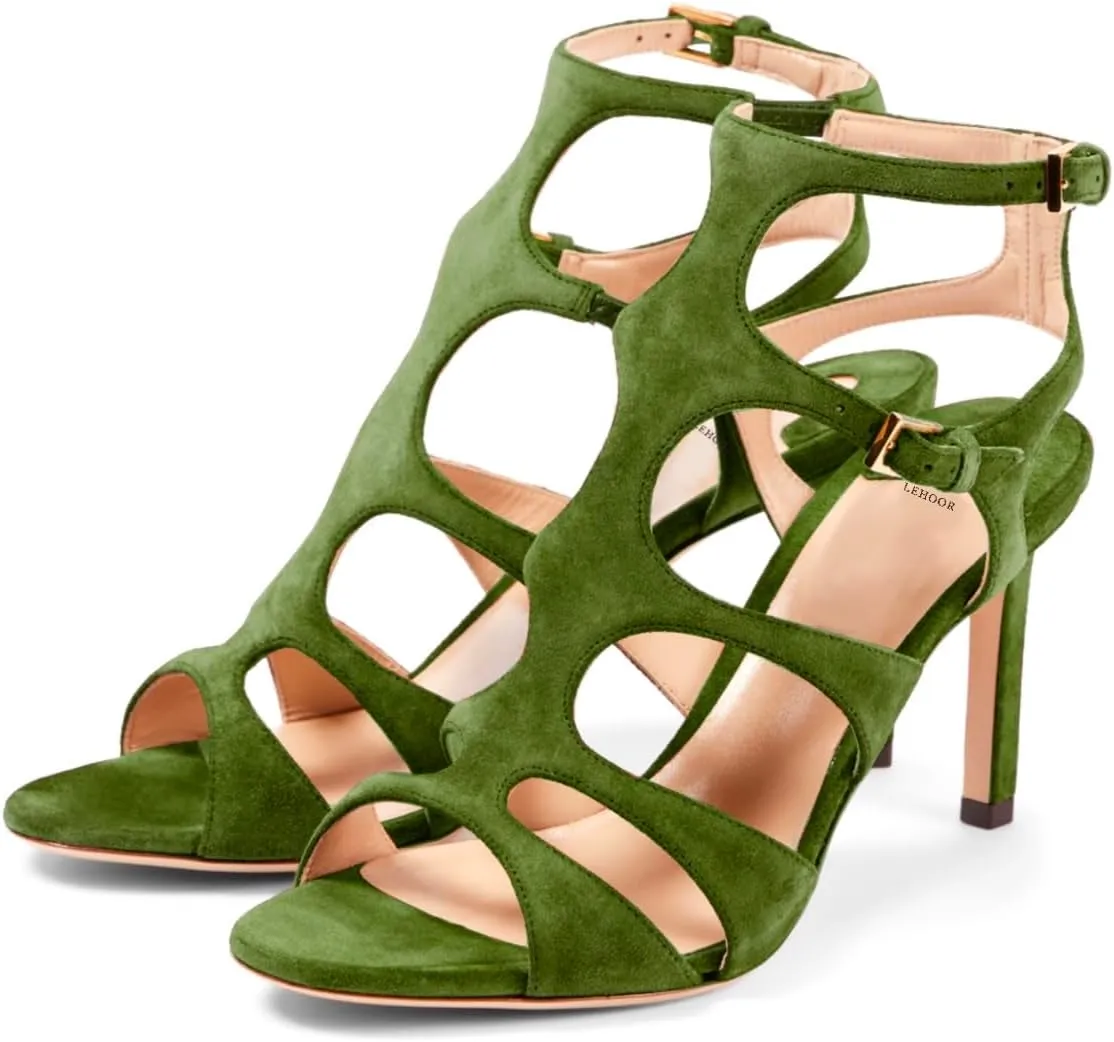 LEHOOR Women Sexy High Heels Gladiator Sandals Open Peep Toe Suede Caged Sandal Booties Kitten Heel Round Toe Cutout Ankle Boots Buckle Strappy Stiletto Sandals Dressy Summer Wedding Office 4-11 M US