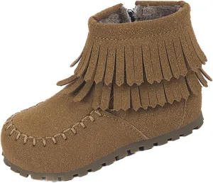 Little Girls Tassel Suede Ankle Boots Side Zipper Short Booties Winter Soft Non Slip Sole Rugged Outback Boots for Girls