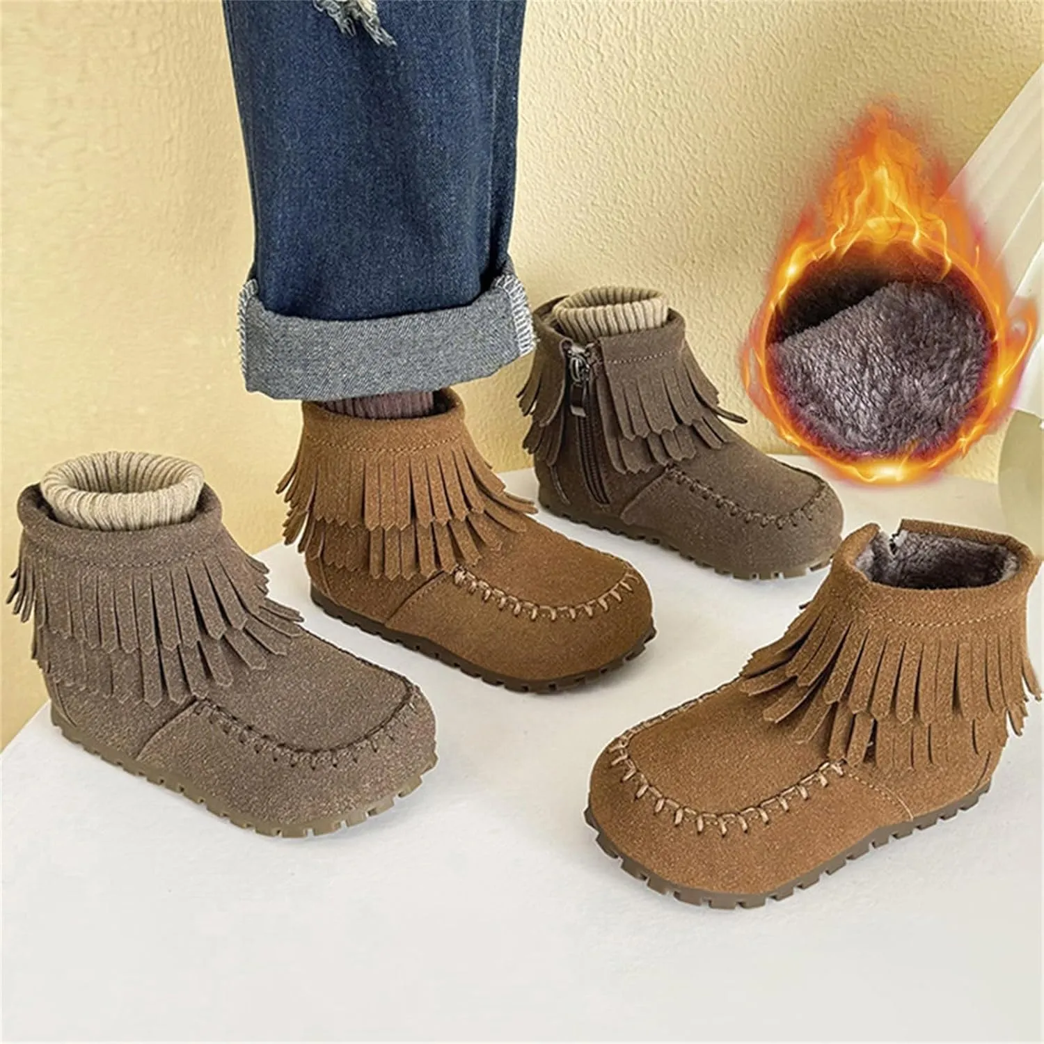 Little Girls Tassel Suede Ankle Boots Side Zipper Short Booties Winter Soft Non Slip Sole Rugged Outback Boots for Girls