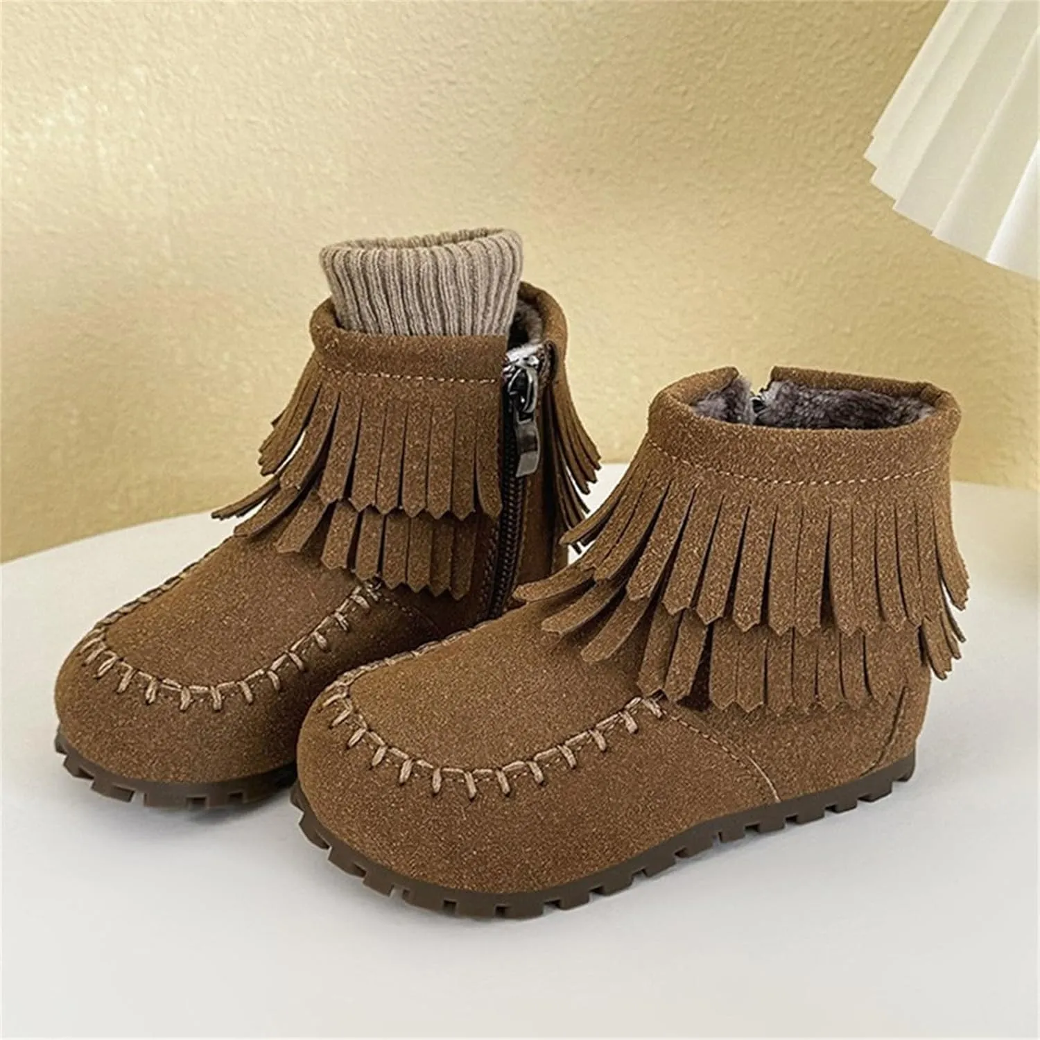 Little Girls Tassel Suede Ankle Boots Side Zipper Short Booties Winter Soft Non Slip Sole Rugged Outback Boots for Girls