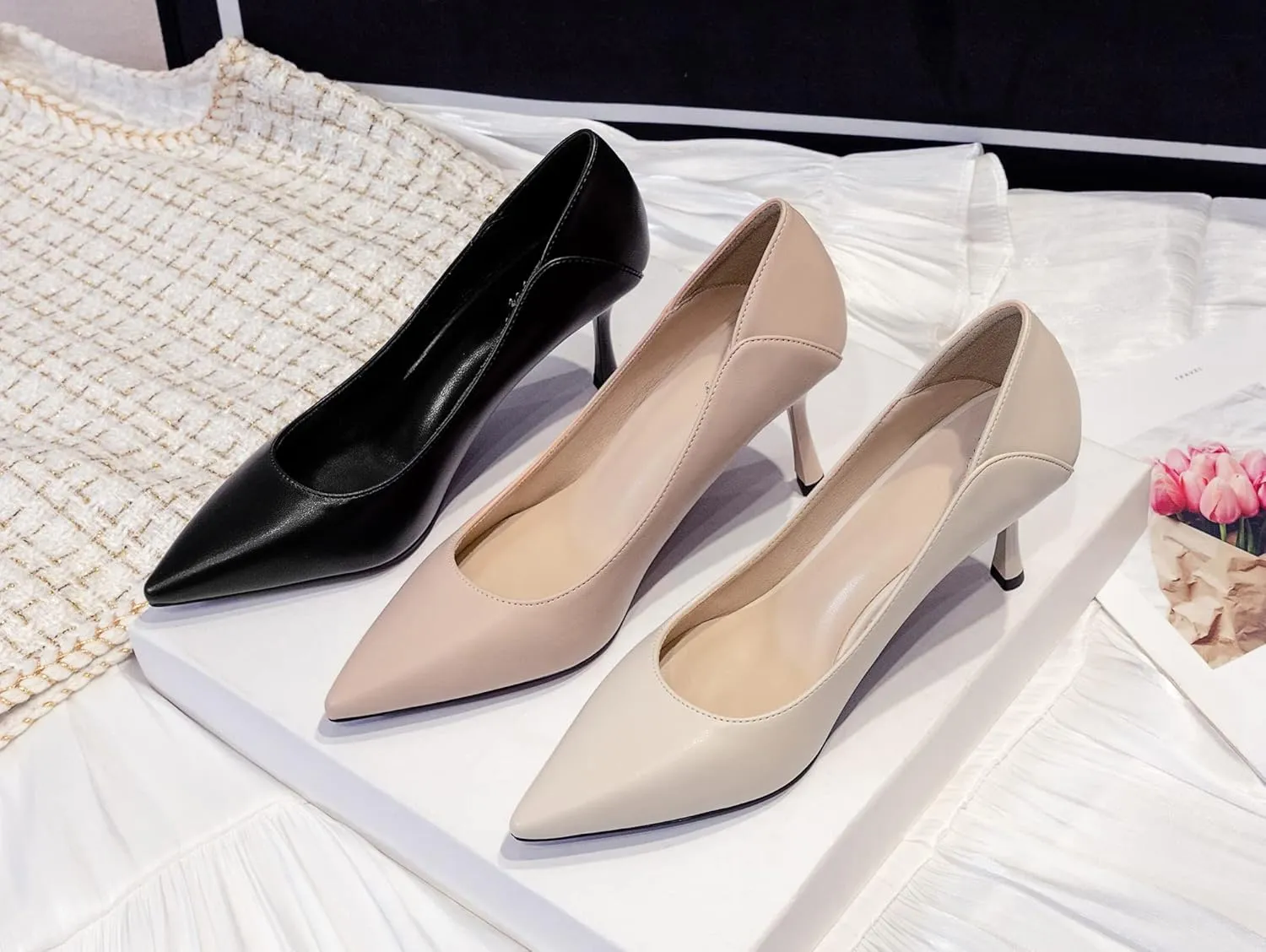 LizFoYa Women Pointed Toe Polished Leather Office Pumps Dressy Pumps Shoes Foldable Back Slide Heels