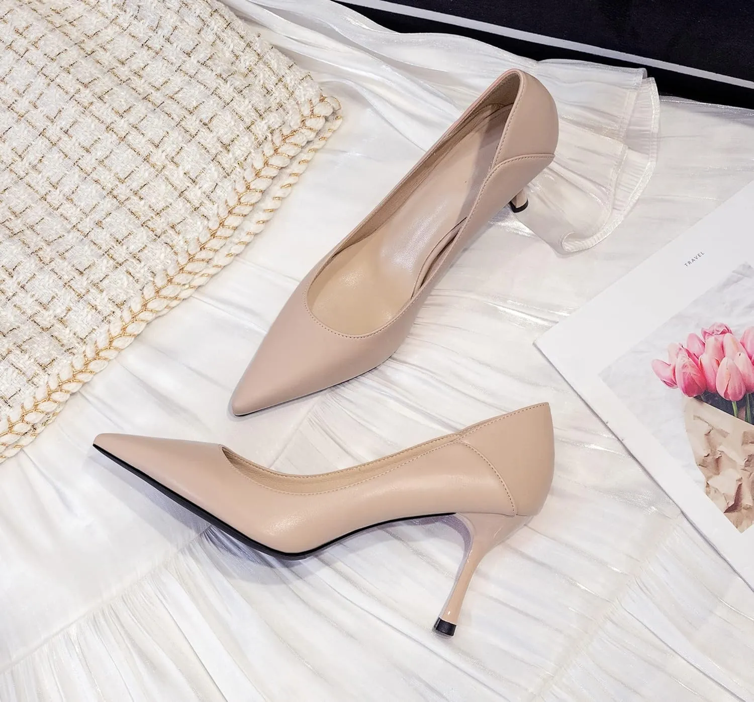 LizFoYa Women Pointed Toe Polished Leather Office Pumps Dressy Pumps Shoes Foldable Back Slide Heels