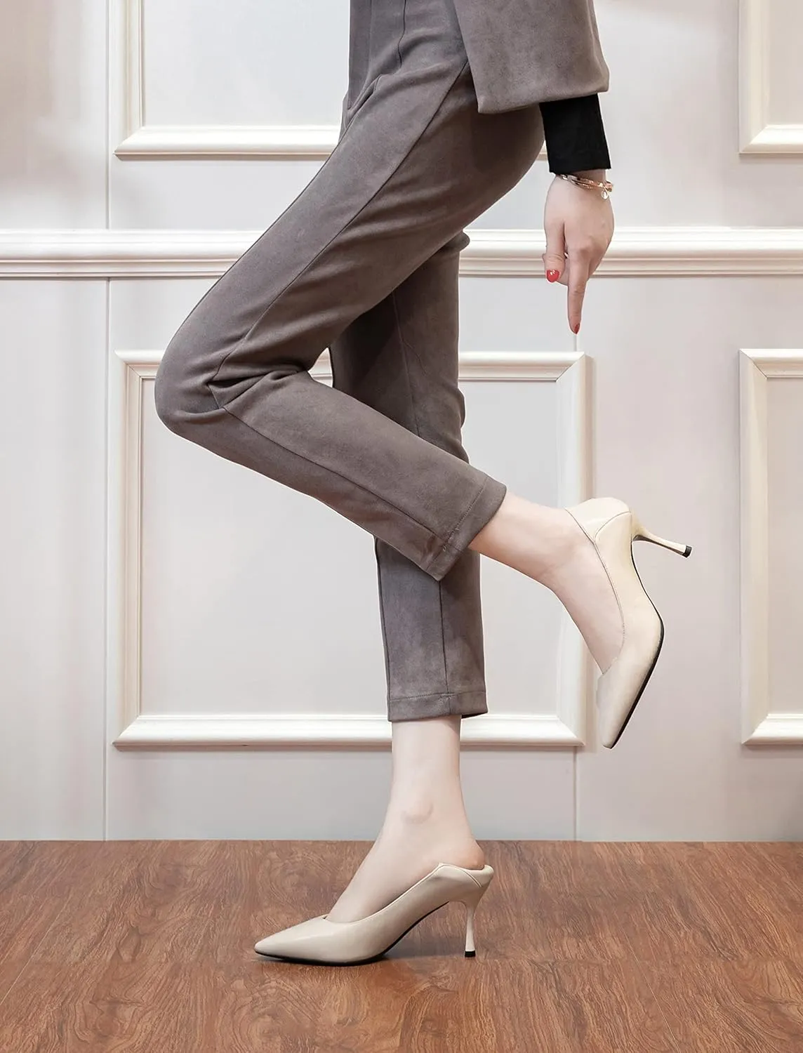 LizFoYa Women Pointed Toe Polished Leather Office Pumps Dressy Pumps Shoes Foldable Back Slide Heels