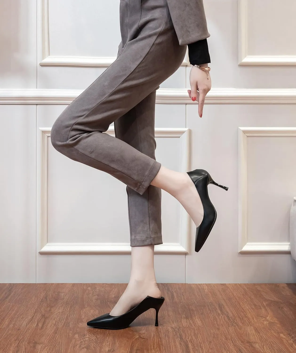 LizFoYa Women Pointed Toe Polished Leather Office Pumps Dressy Pumps Shoes Foldable Back Slide Heels