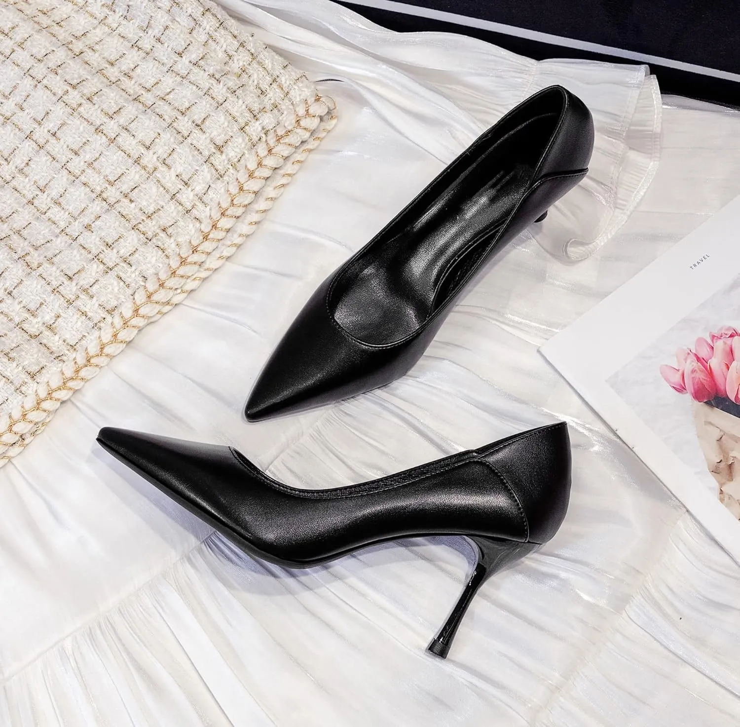 LizFoYa Women Pointed Toe Polished Leather Office Pumps Dressy Pumps Shoes Foldable Back Slide Heels