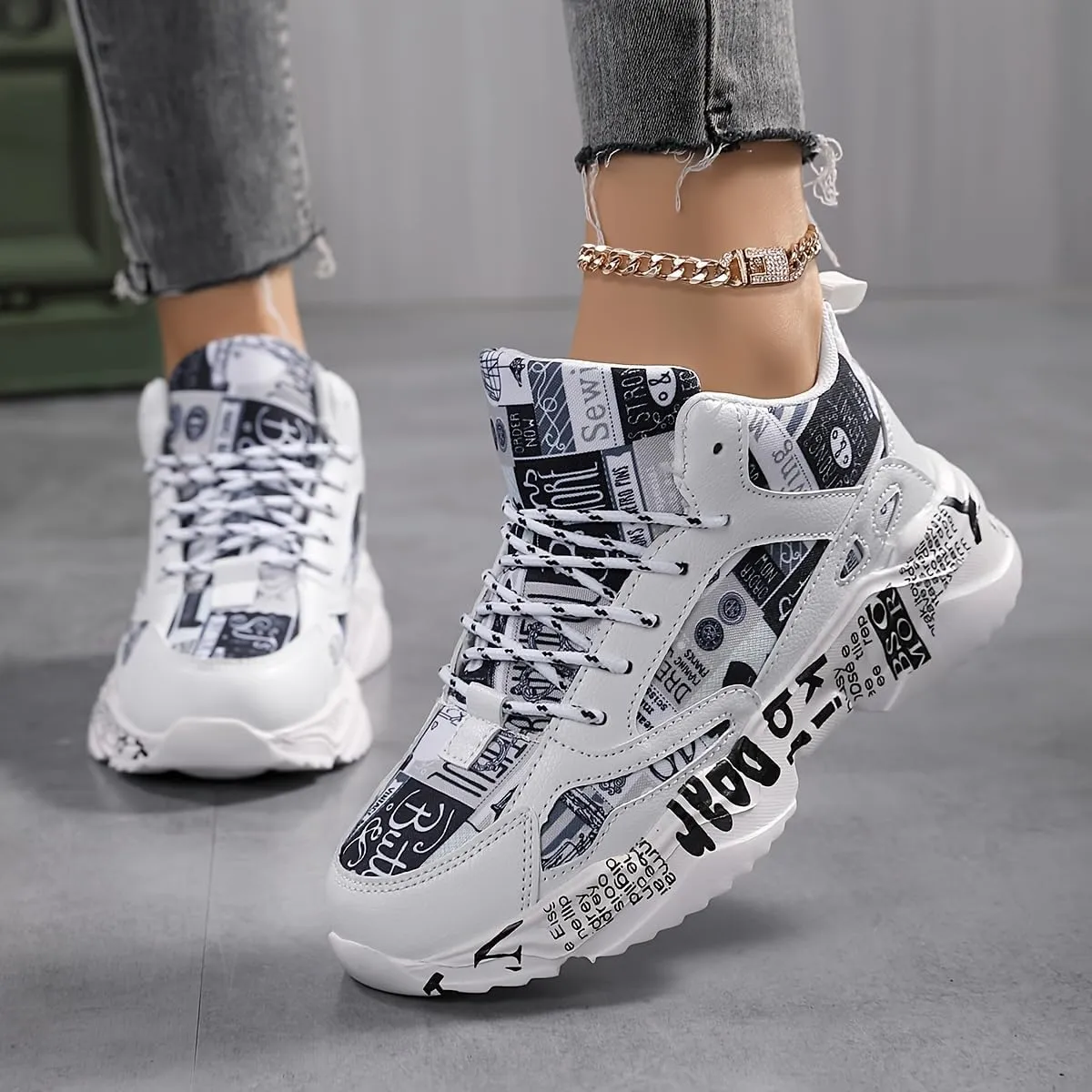 Mens for Breathable Chunky Sneakers with Bold Letter Print & Denim-Like Fabric - Comfortable, Lightweight,