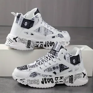 Mens for Breathable Chunky Sneakers with Bold Letter Print & Denim-Like Fabric - Comfortable, Lightweight,