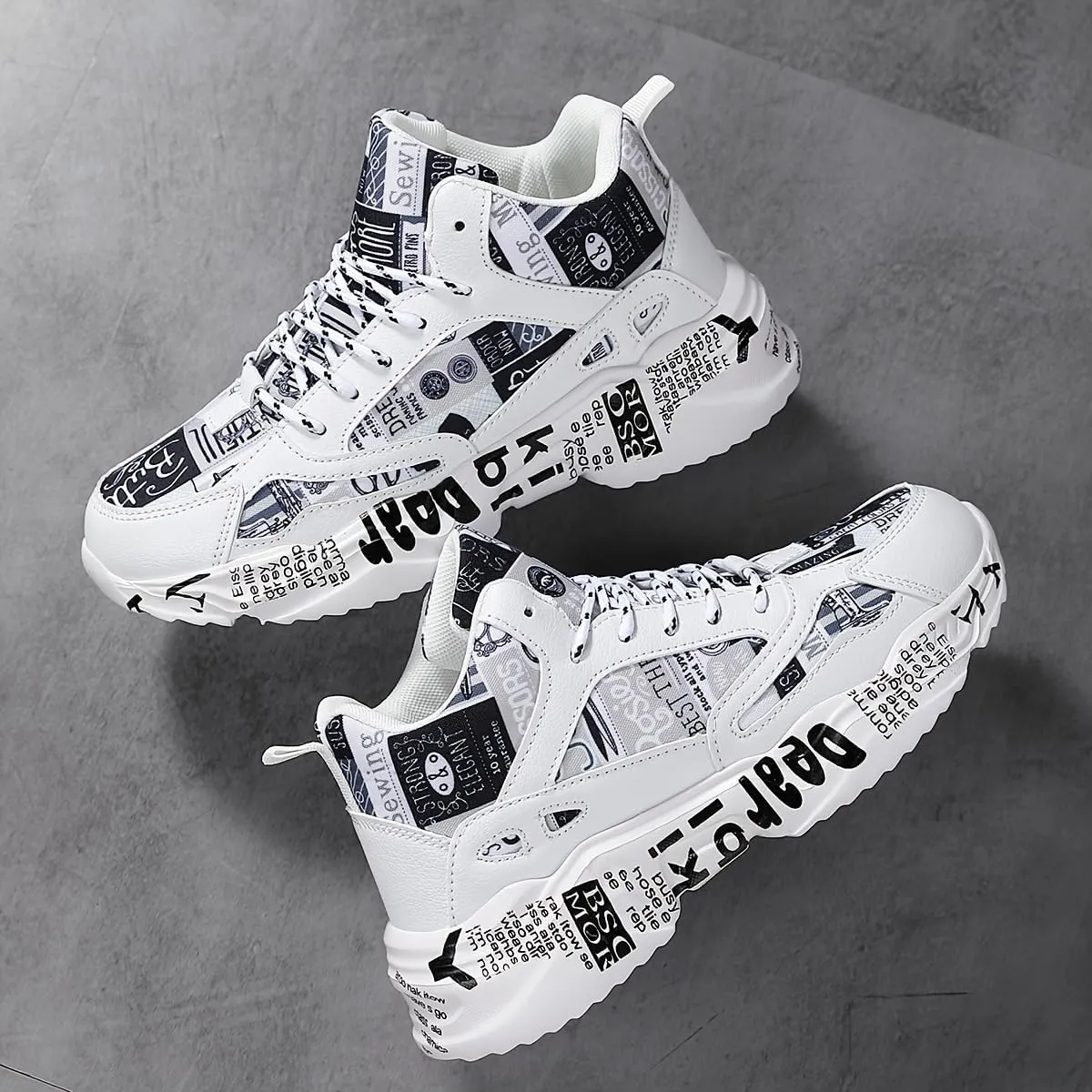 Mens for Breathable Chunky Sneakers with Bold Letter Print & Denim-Like Fabric - Comfortable, Lightweight,