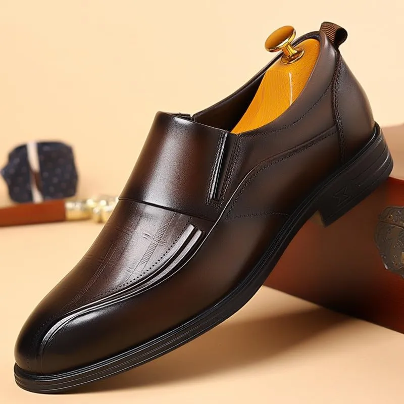 Men's Leather Shoes Business Casual Dress Shoes Vintage Classic Fashion Versatile Shoes Slip On Polished Craft Smooth Lines Clear Texture Rubber Sole Comfortable Breathable